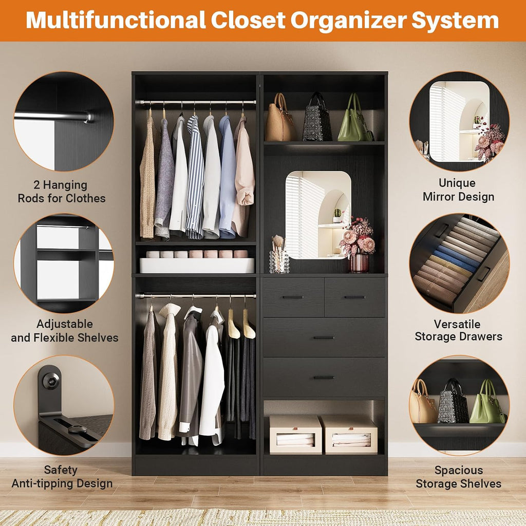 Unikito 50' Closet System with 4 Drawers, 4.2FT Wood Closet Organizer with Hanging Rods and Mirror, Reversible Small Walk in Closet Wardrobe, Adjustable Sturdy Clothes Garment Rack, Set of 2, Black