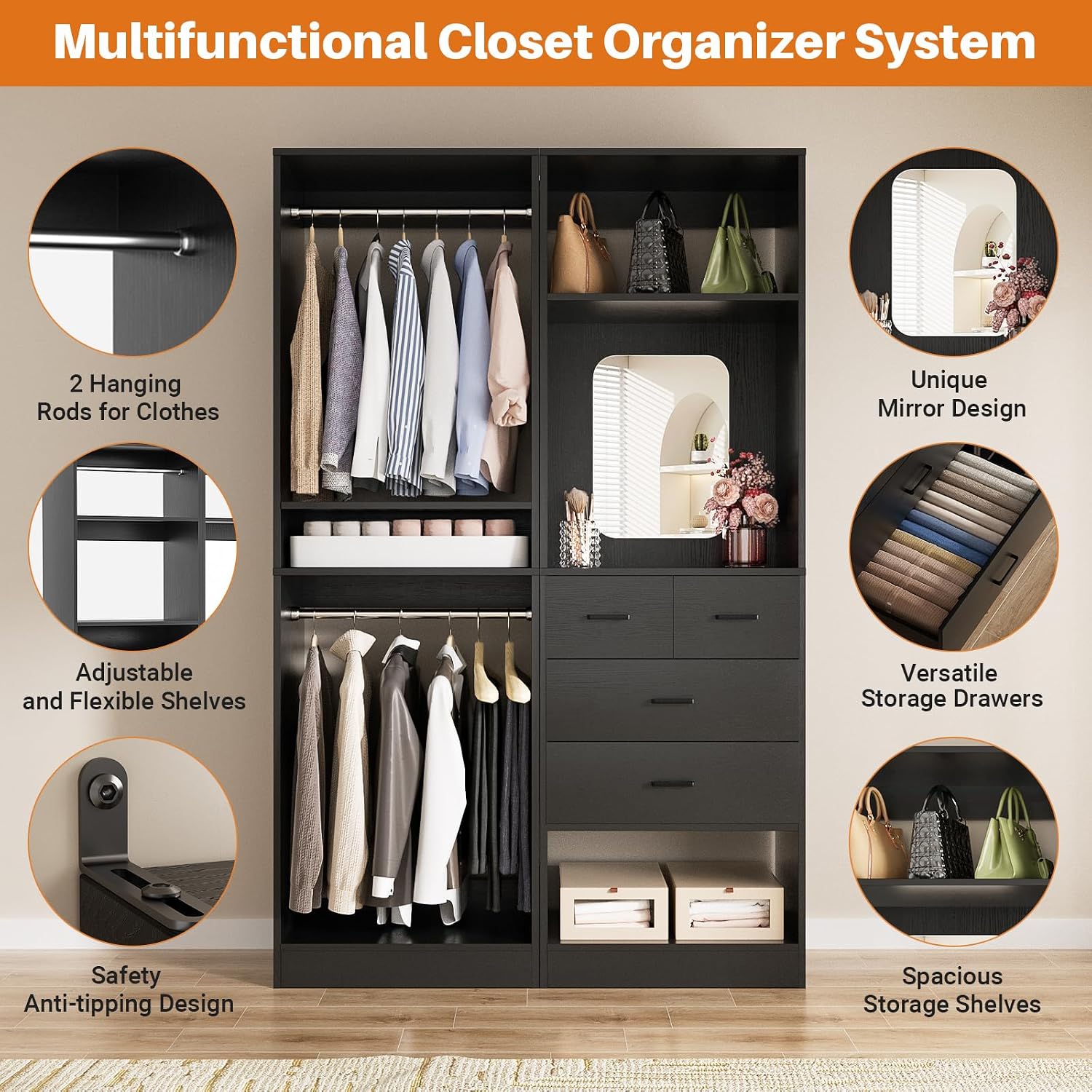 Unikito 50' Closet System with 4 Drawers, 4.2FT Wood Closet Organizer with Hanging Rods and Mirror, Reversible Small Walk in Closet Wardrobe, Adjustable Sturdy Clothes Garment Rack, Set of 2, Black