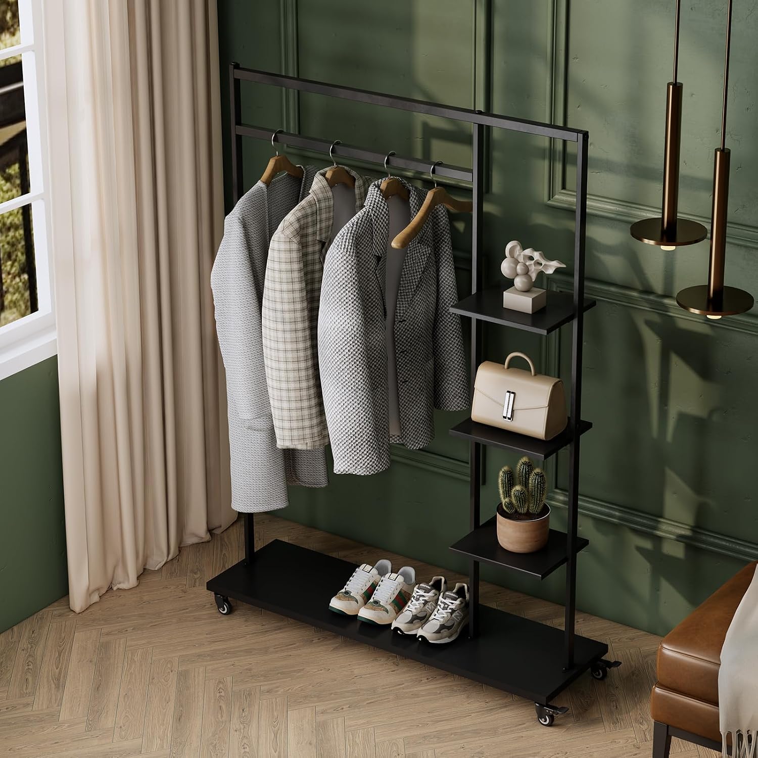Rolling Garment Rack with Shelves on Wheels,Freestanding Metal Clothing Rack with 4 Storage Shelves,Sturdy Clothes Rack for Hanging Clothes, Bedroom,Closet,Entryway,Boutique Display