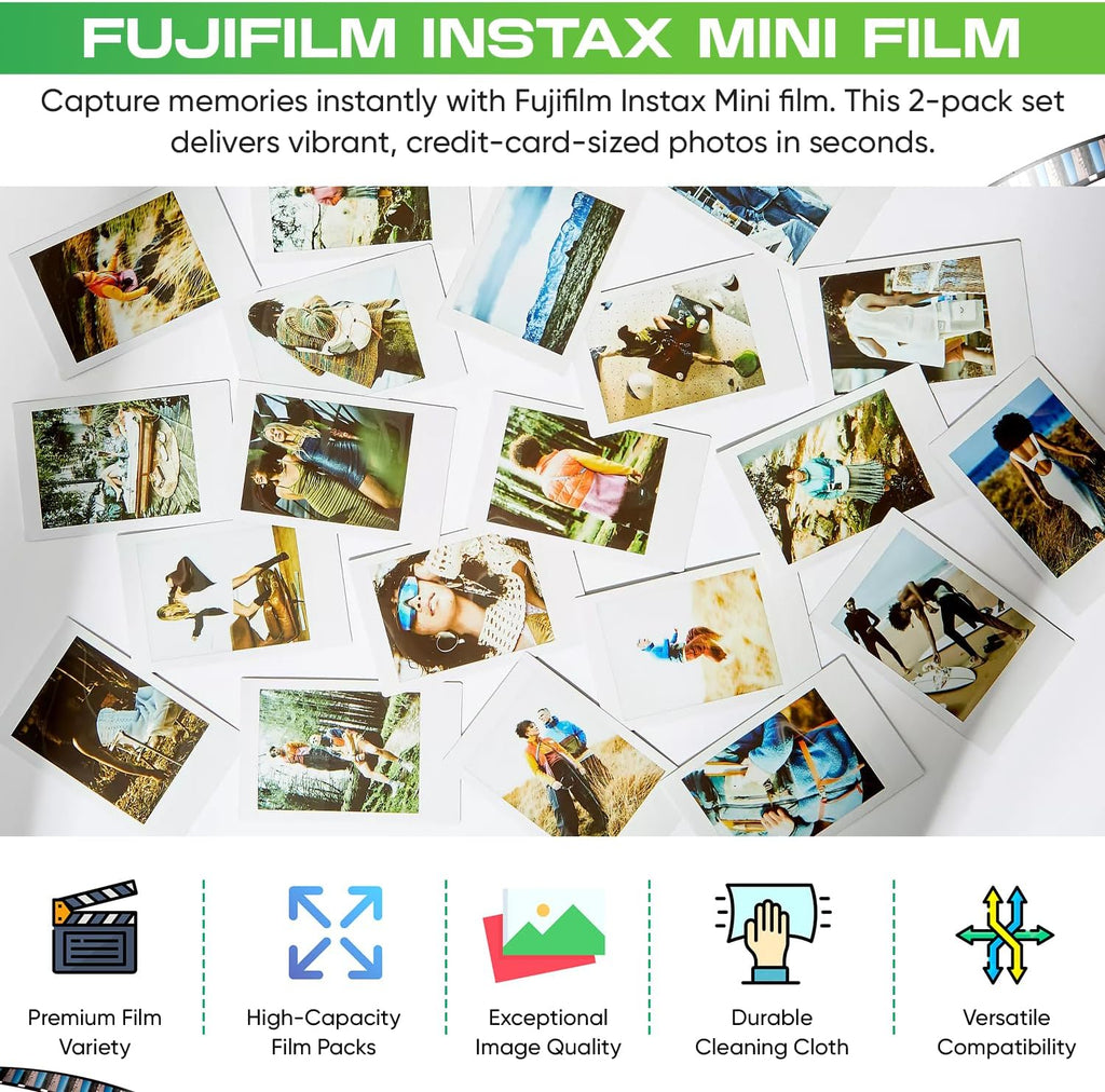 Fujifilm Instax Mini Film ISO 800, Six Twin Packs 120 EXP Total Compatible with Instax Mini Evo, 12, 11, 9 Models, Includes Balveli Premium Microfiber Cleaning Cloth