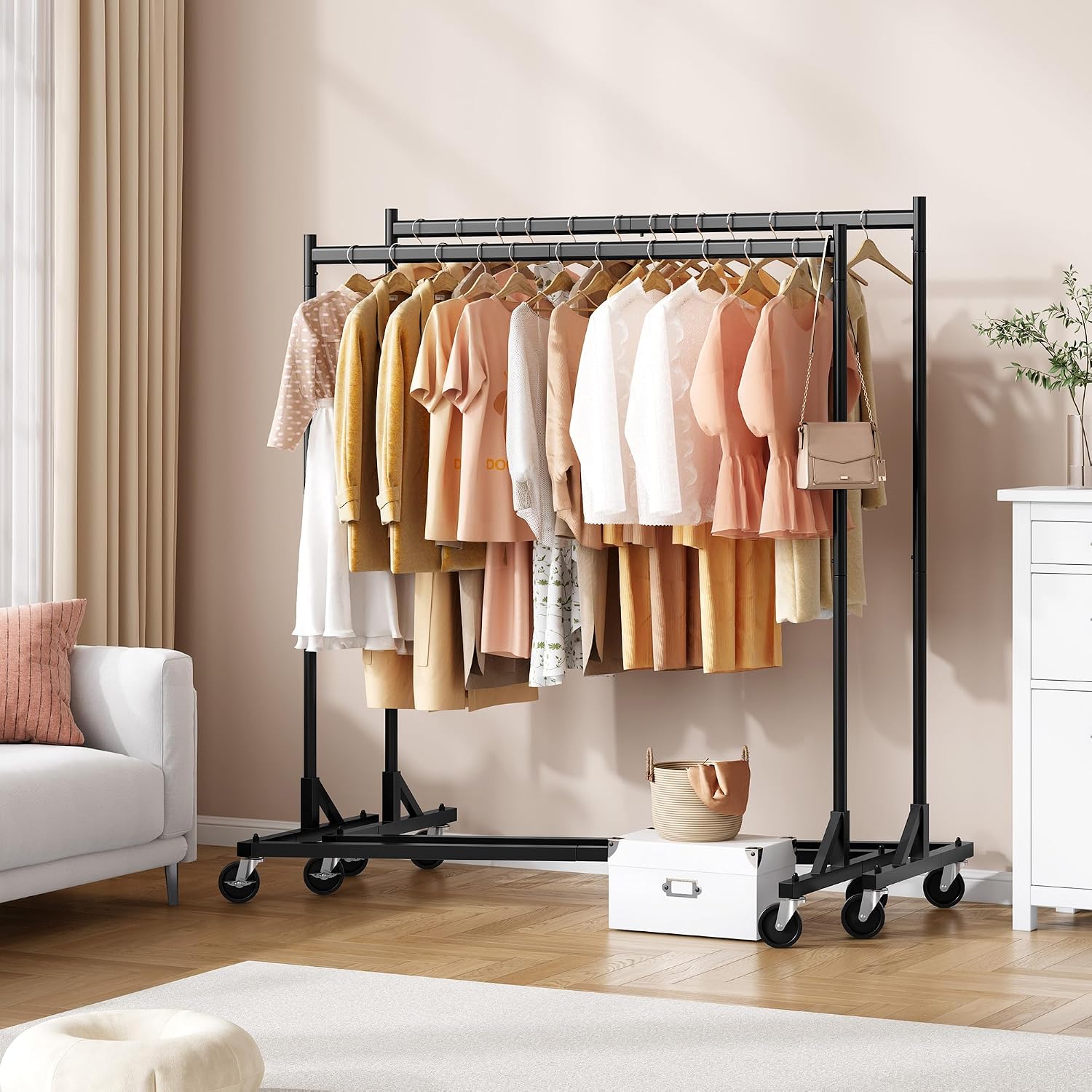 Hoctieon Z Rack Set of 2, Rolling Clothing Racks with Z-Base, Heavy Duty Garment Racks Set of 2, Clothes Rack on Wheels with Brakes, Clothes Organizer Rack Set of 2, Black