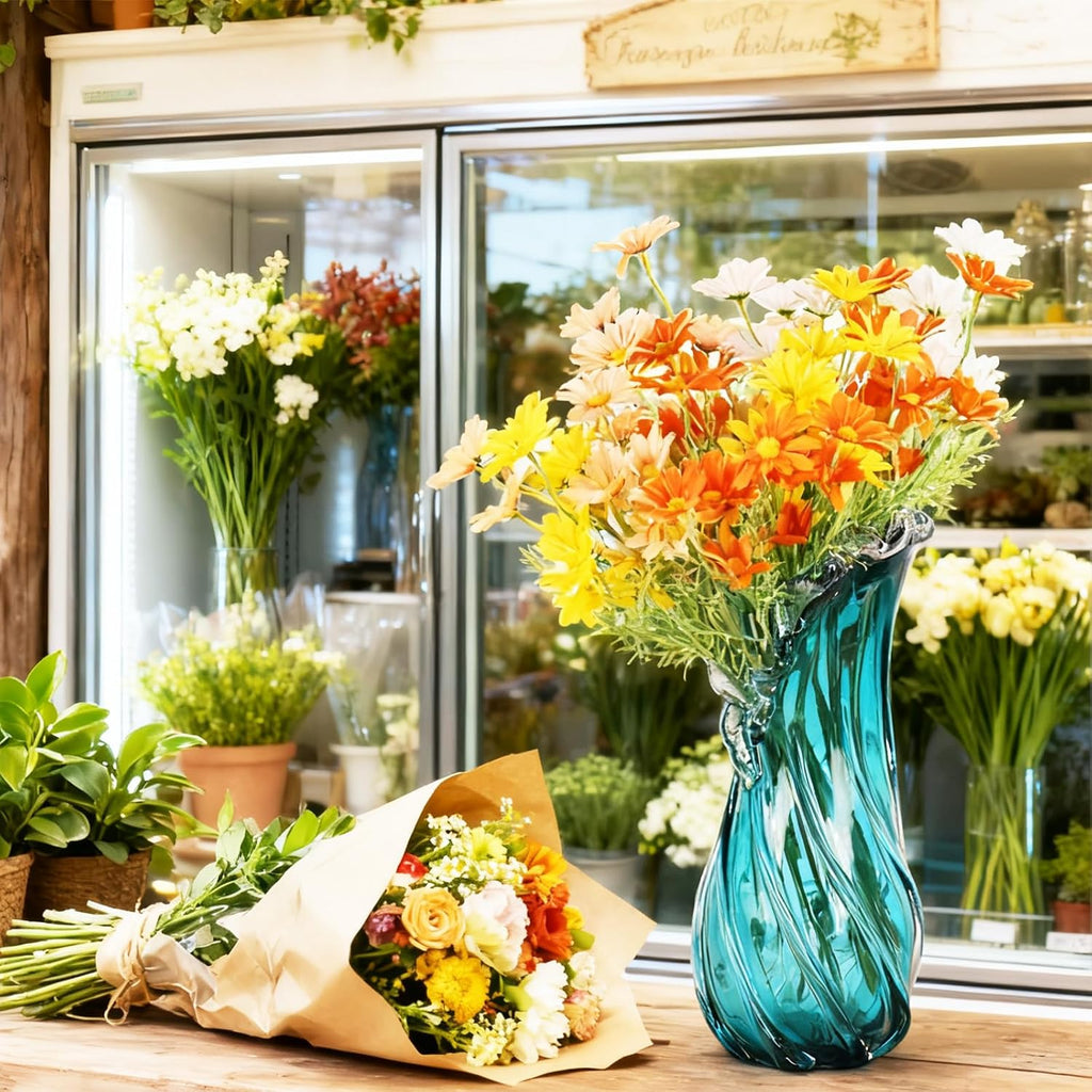 Vases Home Decor - 16In Crystal Vase, Glass Blue Vase, Flower Holders for Bouquet, Centerpieces & Single Stems, Tall for Roses, Dried Flowers, Pampas Grass, Fits Living Room Bedroom Office (L)