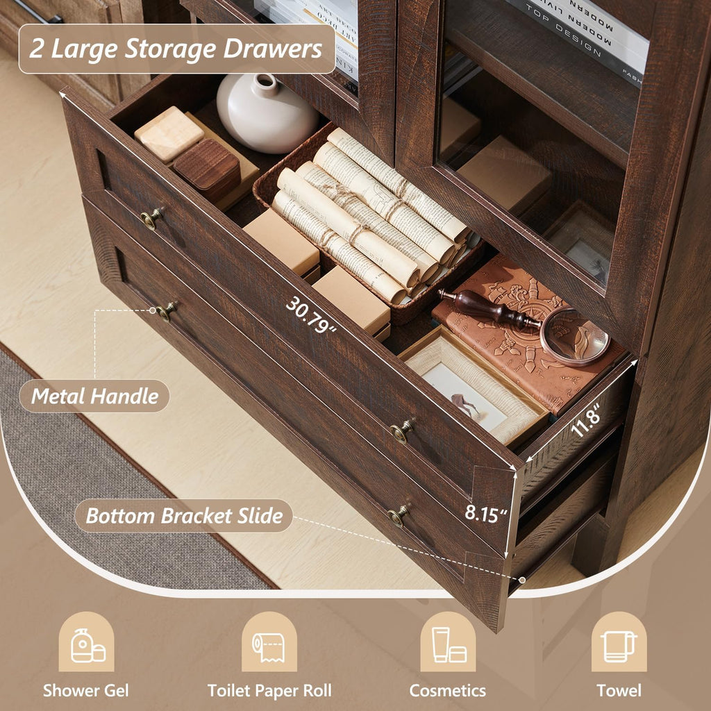 71' Tall Arched Bathroom Storage Cabinet, 4-Tier cabinet w/2 Large Drawers &Adjustable Shelves, Wooden bathroom Floor cabinets w/Glass Doors, Modern Farmhouse Versatile Cabinets for bathroom, Brown