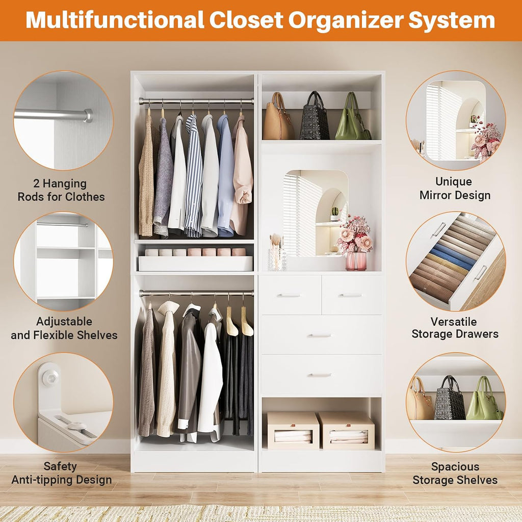 Unikito 50' Closet System with 4 Drawers, 4.2FT Wood Closet Organizer with Hanging Rods and Mirror, Reversible Small Walk in Closet Wardrobe, Adjustable Sturdy Clothes Garment Rack, Set of 2, White
