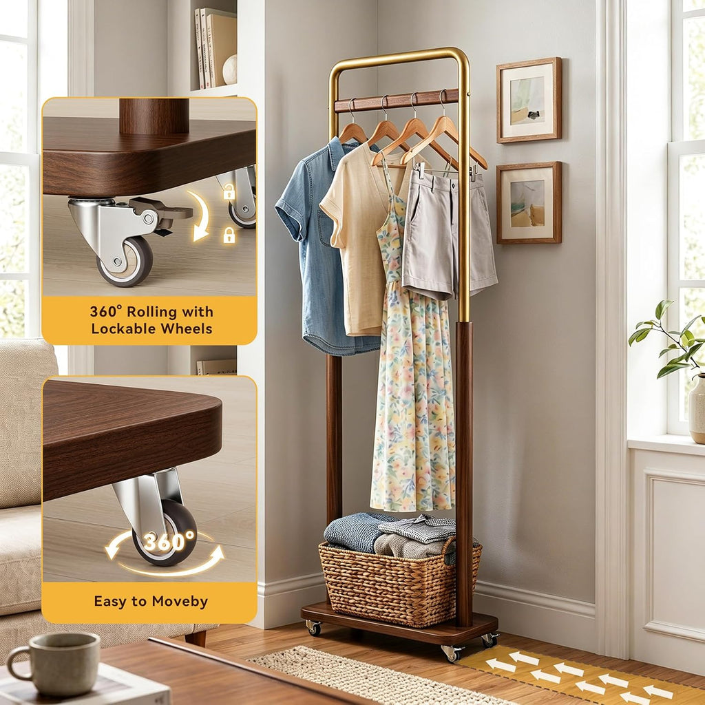 Taitiy Clothes Rack Solid Wood Coat Rack, Metal and Solid Wood Combination Clothing Rack with Wheels for Entryway, Bedroom, Living Room, Coat Racks Freestanding for Hanging Clothes Garment Scarf