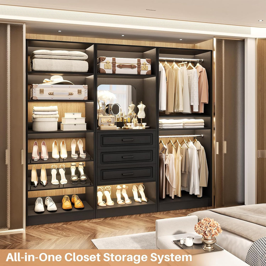 Unikito Modular Closet System with 3 Sets, 75'Closet Organizer System With Drawers, Mirror, Hanging Rods and Adjustable Shelves, Freestanding Wood Wardrobe Garment Rack, Walk in Closet Tower, Black