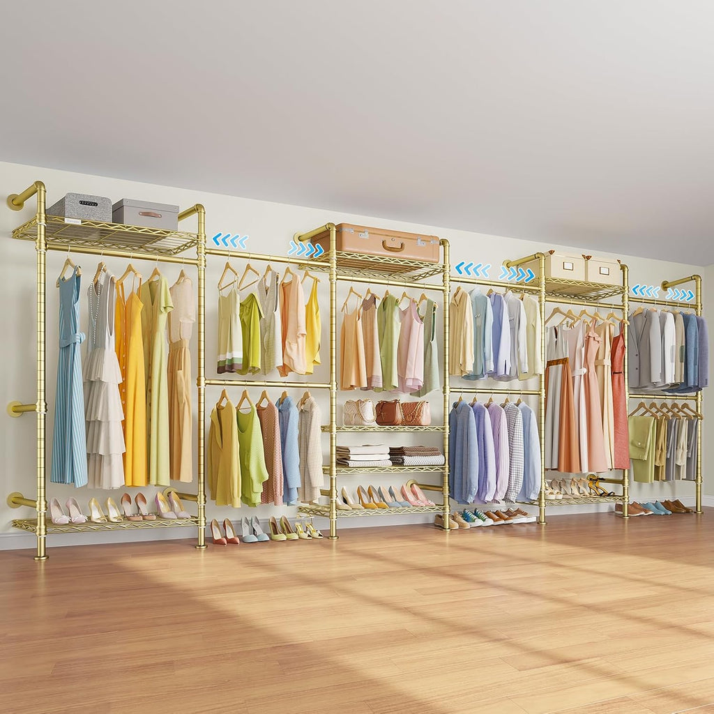 Timate F6 Wall Mounted Clothes Rack - Expandable Industrial Pipe Closet System, Heavy Duty Hanging Garment Rack, Closet Organizer & Storage Solution for Wardrobe, Bedroom,Walk-in Closets,Gold