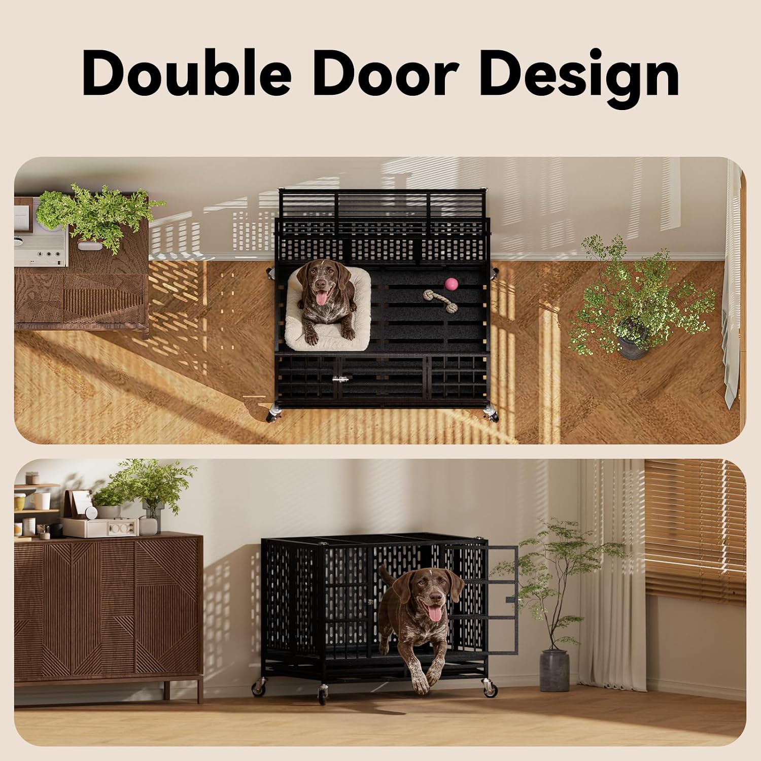 38 Inch Heavy Duty Dog Crate with Wheels,Indestructible Escape-Proof Dog Kennel with Locking Latch and Double Door,Extra Large XL XXL Crate Indoor for Large and Medium Dog with Removable Tray