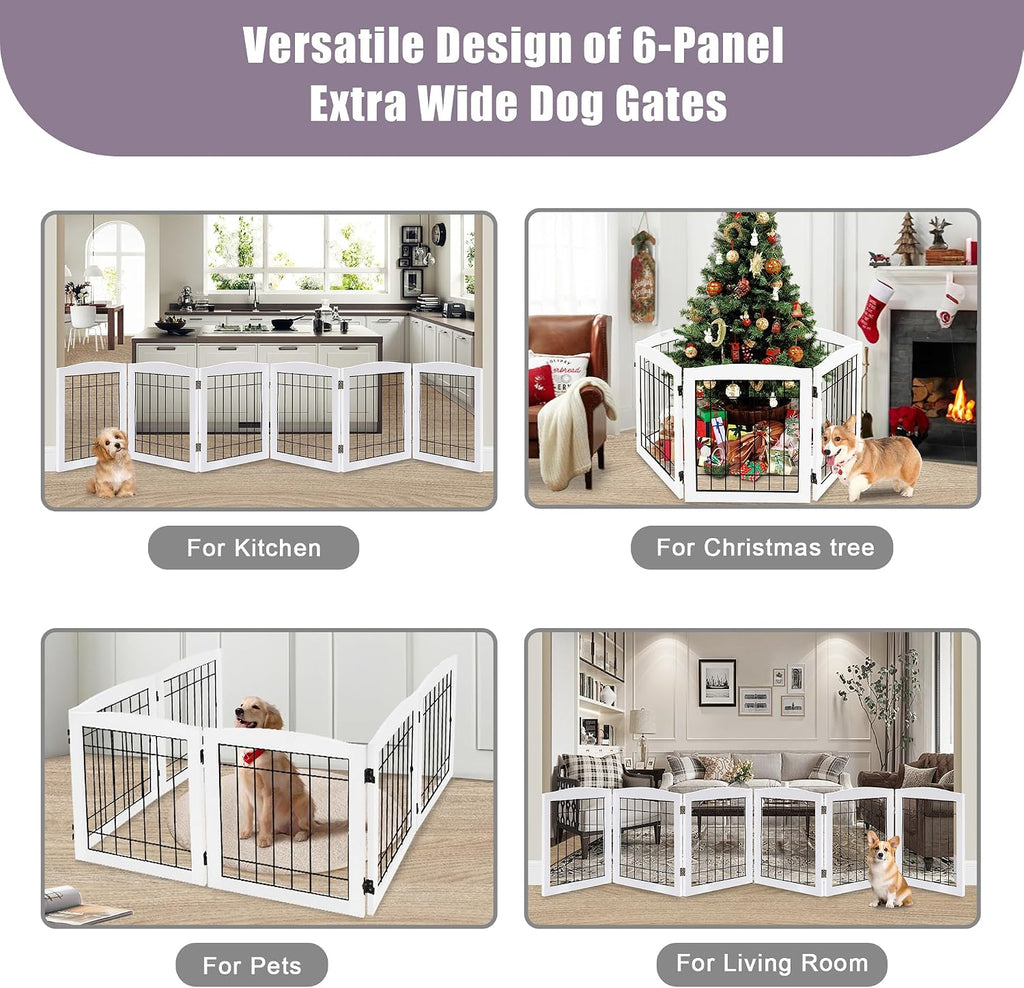 LZRS 6-Panel Extra Wide Wooden Freestanding Dog Gate: Foldable Solid Wood and Steel Wire Chew Resistant Safety Barrier for Doorways, Stairs, and Open Long Spaces Indoor Use, White