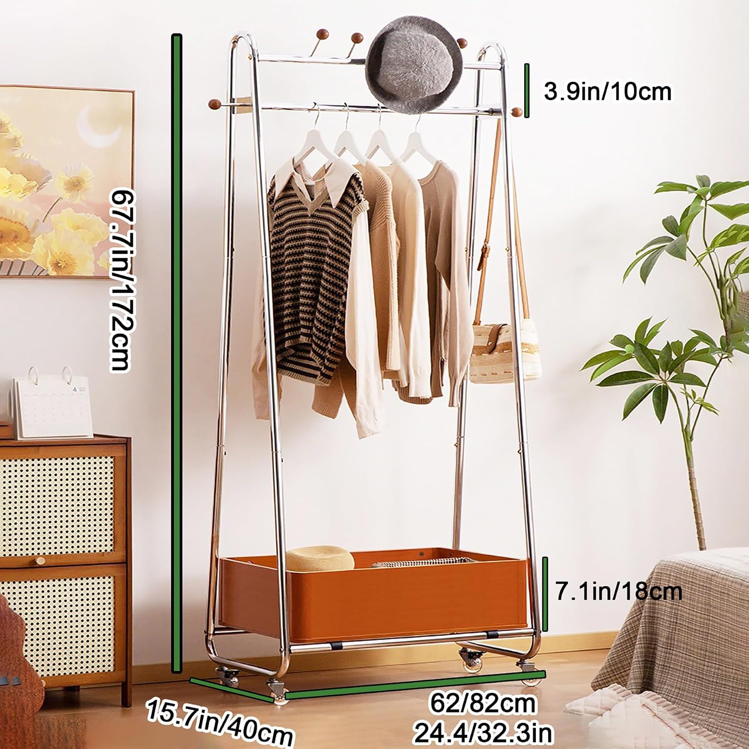 32in Modern Minimalist Coat Rack Stand Metal Garment Rack Features Solid Wood Storage Basket And 4 Wheels Floor Standing Clothes Rack Organizer For Bedrooms, Living Rooms,Walnut finish,32.3in