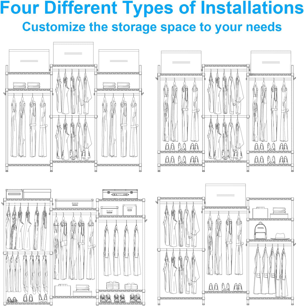 Ulif E13 Heavy Duty Clothes Rack（With 4 Hanger Rods & 8 Shelves） Freestanding Clothing Racks for Hanging Clothes，Adjustable Closet Organizer，Metal Garment Rack 63' W x16 D x77 H，Max Load 900LBS，Black