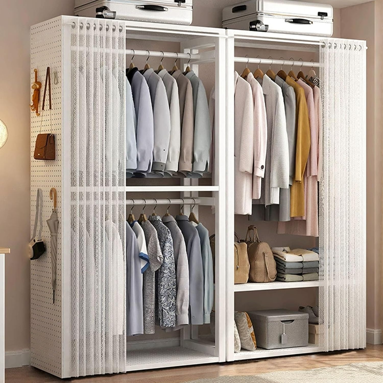 Heavy Duty Clothing Rack, Metal Freestanding Closet for Hanging Clothes, Easy to Assemble Wardrobe with Curtain for Bedroom and Dormitory