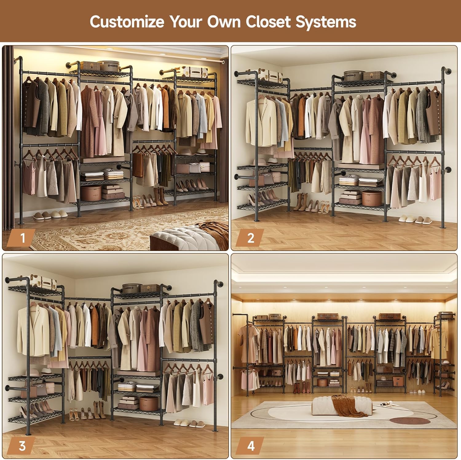ComfyCorner Wall Mounted Garment Rack, Industrial Pipe Metal Clothing Rack with 6 Hanging Rods (4 Expandable) & 8 Shelves, Closet Organizers and Storage System for Bedroom, Walk in Closet