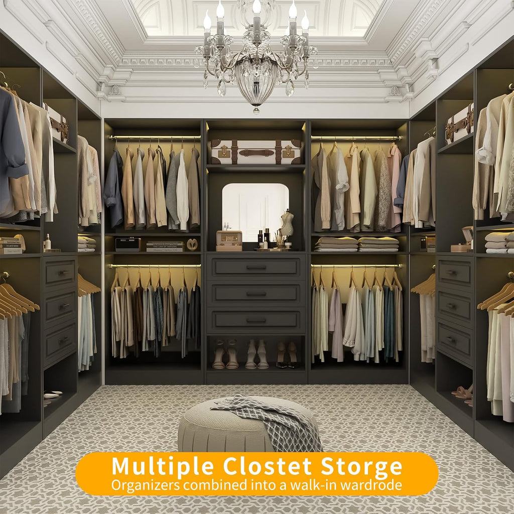 Unikito Modular Closet System with 3 Sets, 75'Closet Organizer System with Drawers, Mirror, Hanging Rods and Adjustable Shelves, Freestanding Wood Wardrobe Garment Rack, Walk in Closet Tower, Black