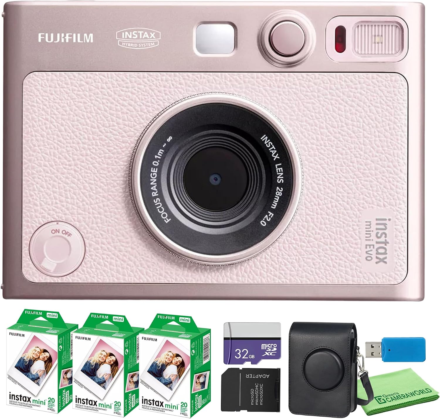 Fujifilm Instax Mini EVO Hybrid Instant Camera (Gentle Rose) + Fuji Instax-Mini Film 60 Exposures + 32GB Memory Card + Custom Mini-Evo Case and Accessory Bundle
