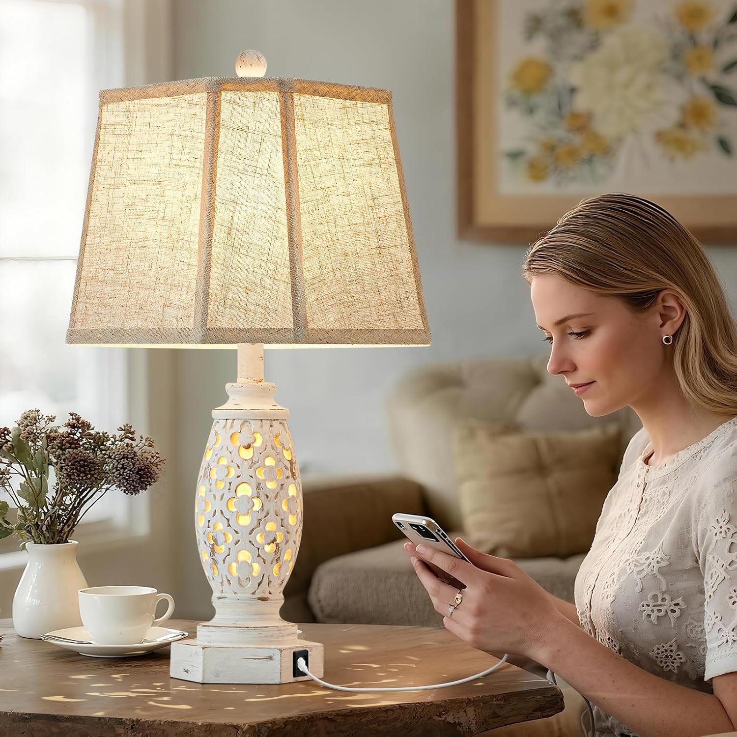 EJIAXIN 2-in-1 Lighting Set - Farmhouse Table Lamps (Set of 2) + 60' Vintage Floor Lamp | USB Charging Nightstand Lamps & 3-Way Dimmable Standing Lamp | Rustic Bedroom/Office, Bulbs Included