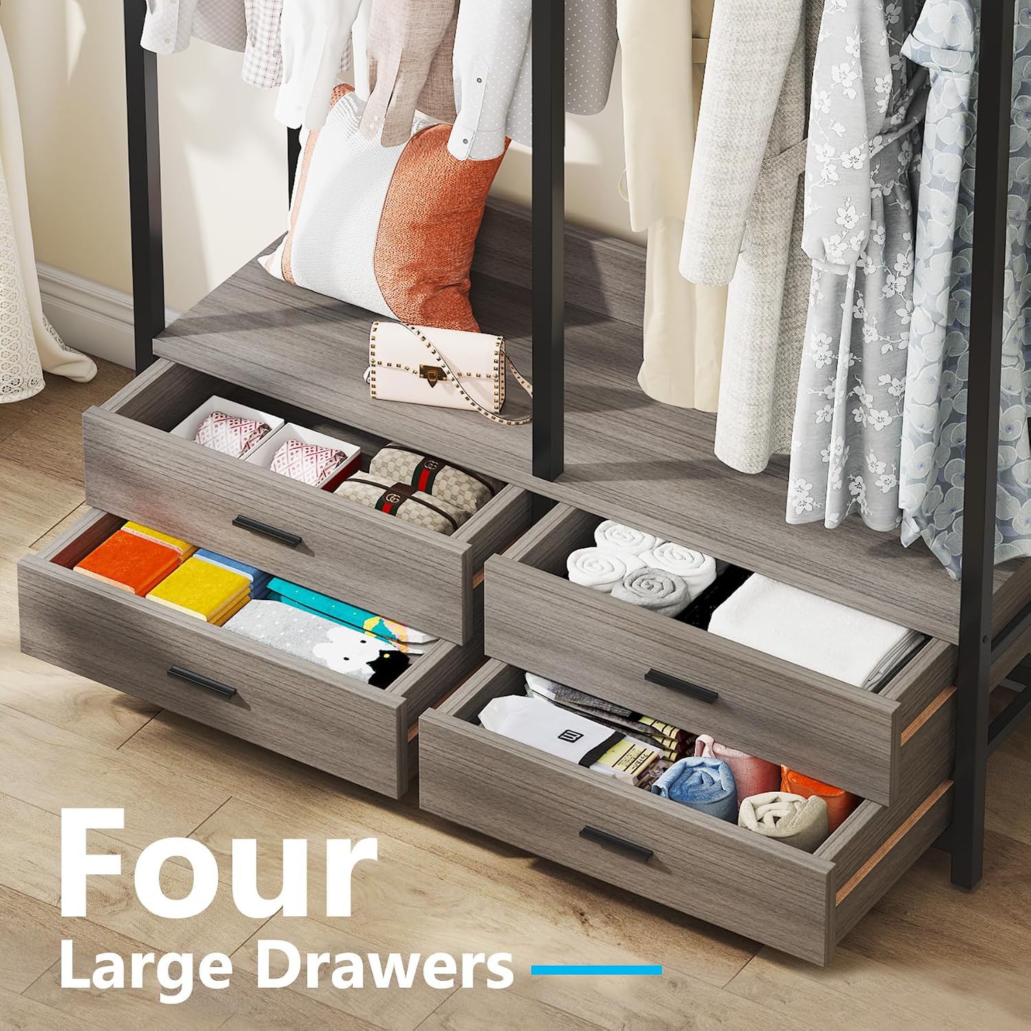Tribesigns Freestanding Closet Organizer for Hanging Clothes, Heavy Duty Garment Rack with 4 Drawers, 8 Hooks and Storage Shelves, Wardrobe Closet Clothing Rack for Bedroom, Living Room, Grey
