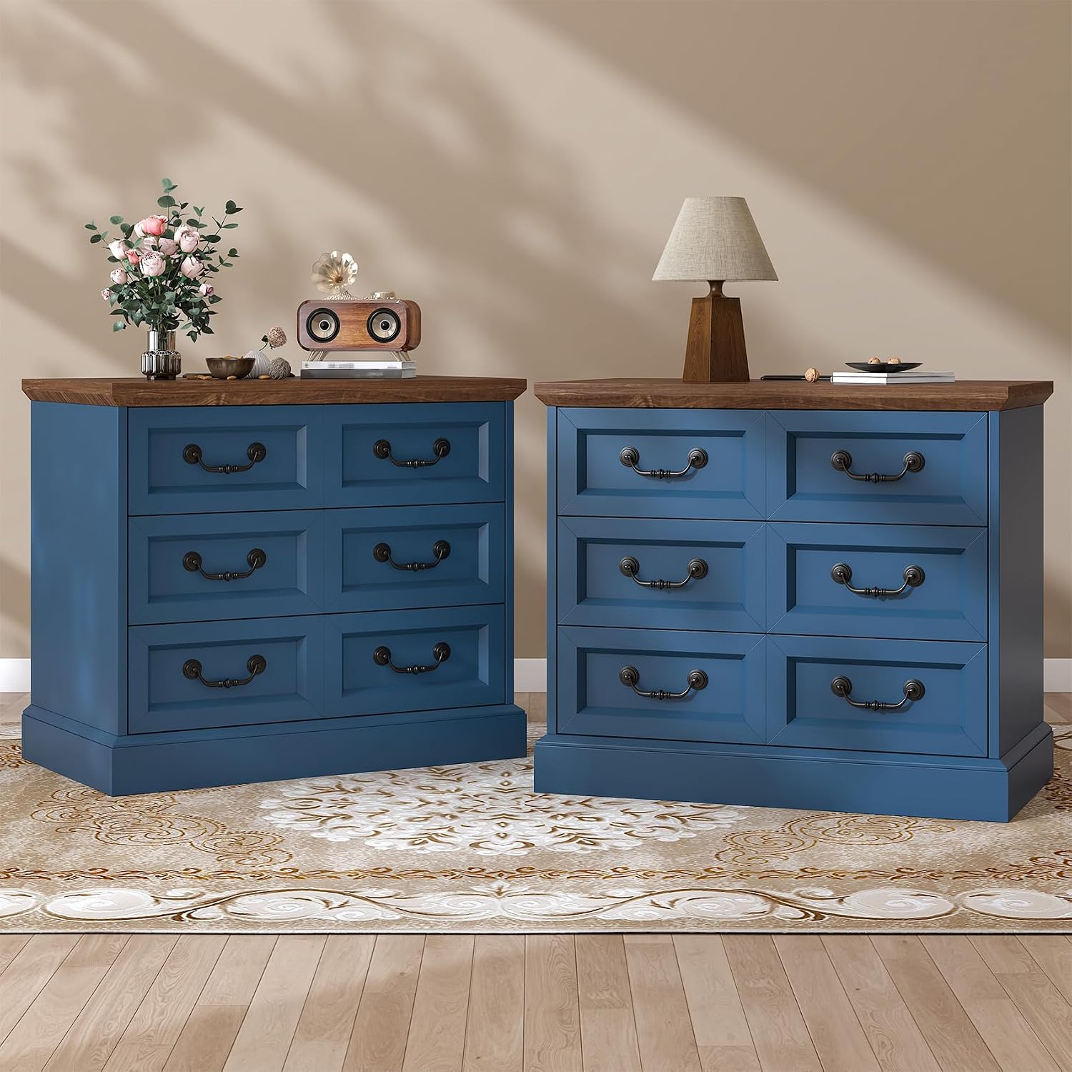 VVFLU 27.6' Wide Farmhouse Nightstand with Charging Station, 3 Drawer Nightstands Set of 2, Larger Side Table End Table, Modern Night Stand for Bedroom, Living Room, Blue Nightstand