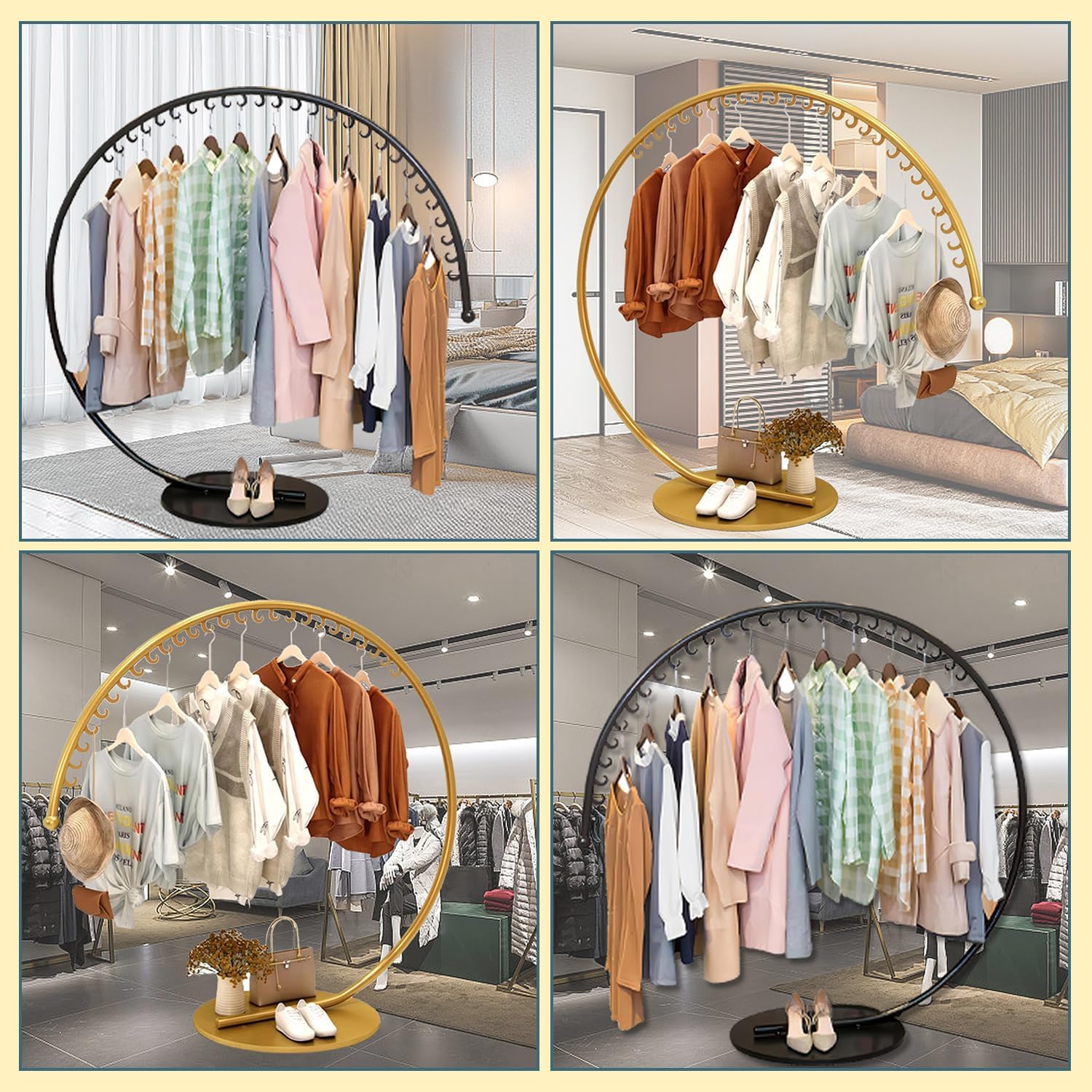 Floor Standing Metal Clothes Rack, Round Garment Rack with Stable Base, Commercial Portable Retail Display Clothing Racks, Creative Garment Rack for Hanging Clothes,Gold,Small
