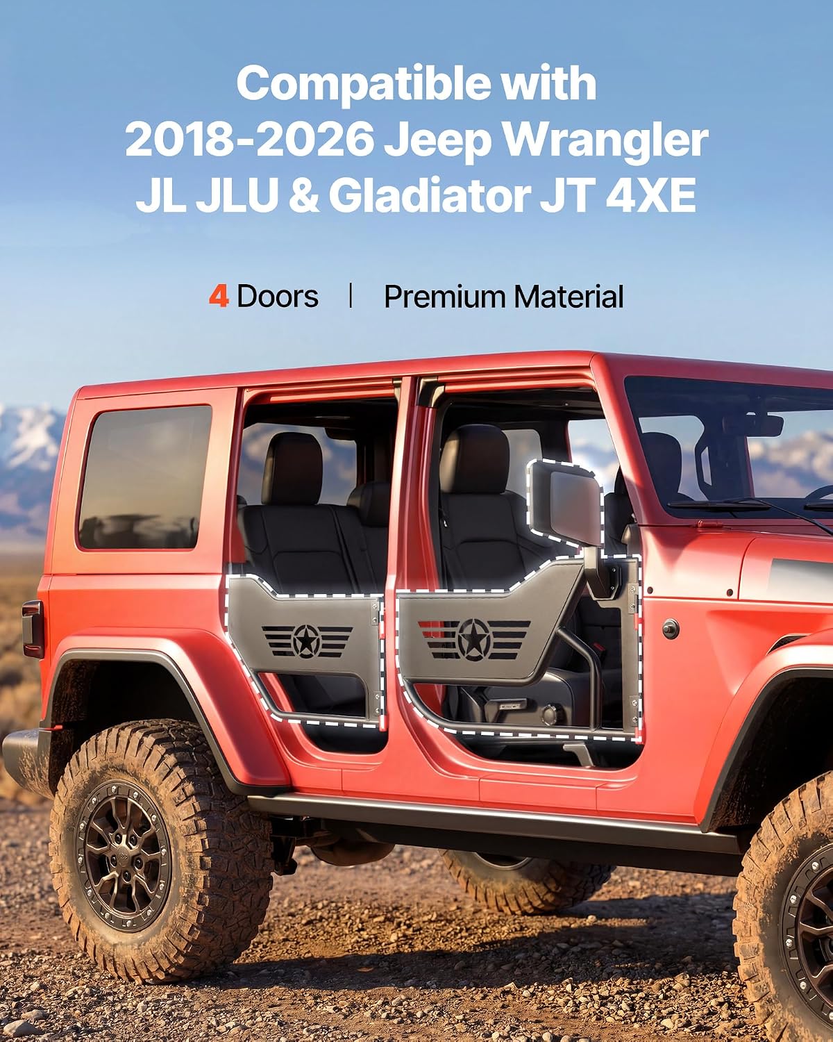 VEVOR Jeep Tube Doors, 4-Door, Compatible with 2018-2026 Jeep Wrangler JL JLU & Gladiator JT 4XE, Steel Off Road Front & Rear Tubular Half Doors with DOT Certified Side View Mirrors and Rubber Pads
