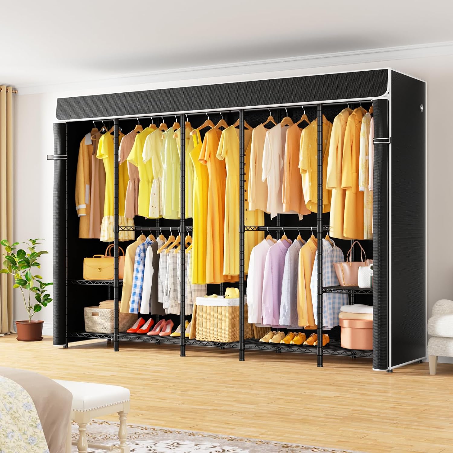 LIFHOME H5C & H50C Clothes Rack with Cover, Portable Closet for Hanging Clothes, Covered Clothing Racks Heavy Duty, Freestanding Garment Racks with Shelves, Black Closet Rack with Black Cover