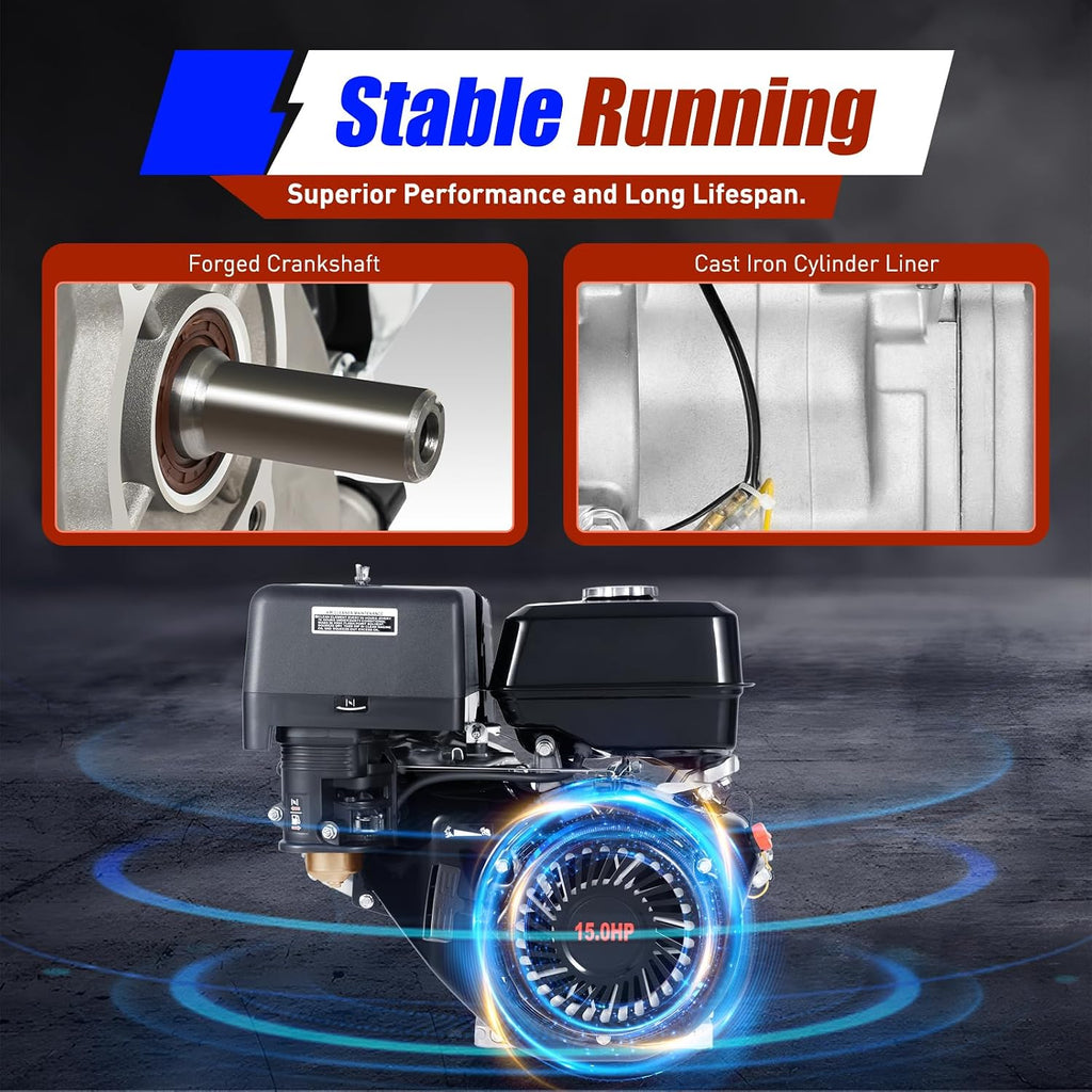 Gas Engine Motor 15HP 4 Stroke OHV Single Cylinder Horizontal Gasoline Petrol Engine Go Kart Motor Manual Recoil Starter 9.7KW 3600RPM Air Cooling Garden Tiller Cultivator Motor