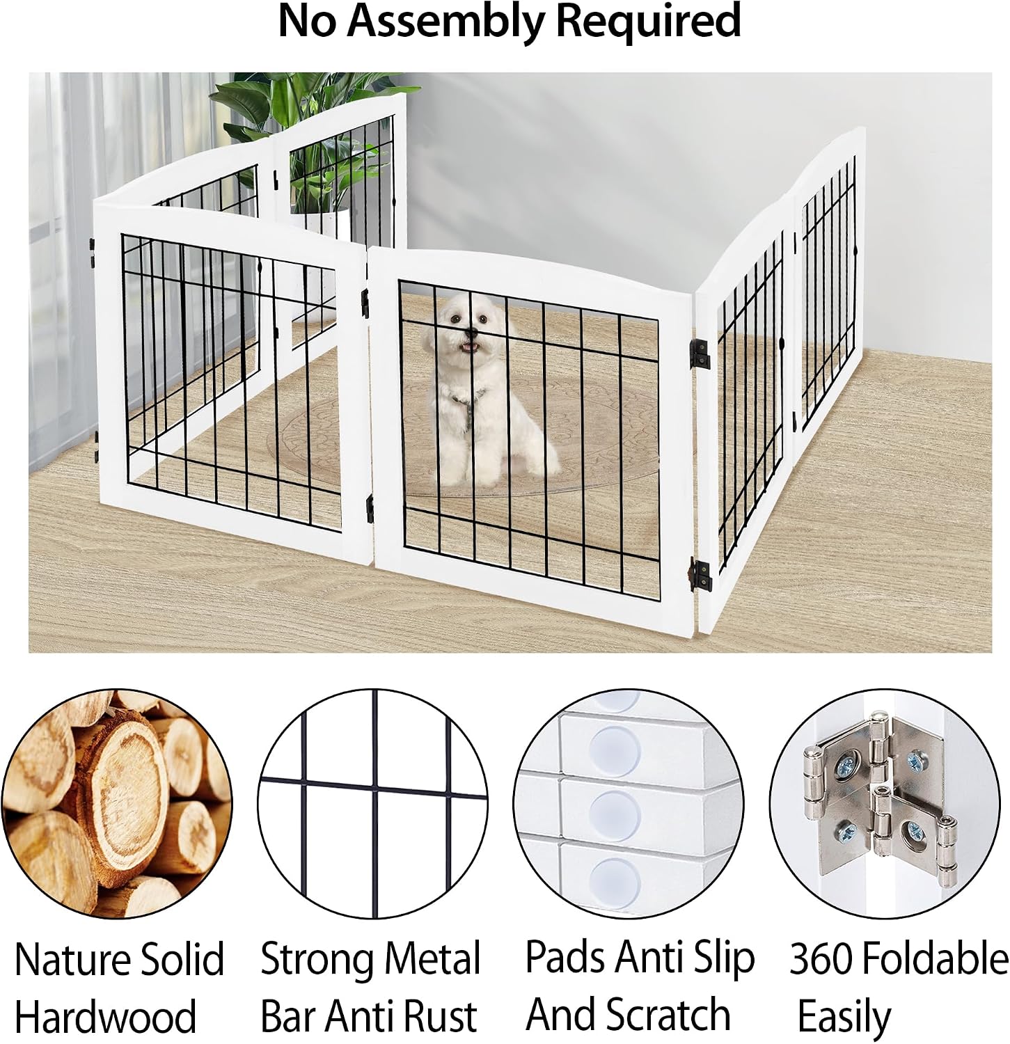 LZRS 6-Panel Extra Wide Wooden Freestanding Dog Gate: Foldable Solid Wood and Steel Wire Chew Resistant Safety Barrier for Doorways, Stairs, and Open Long Spaces Indoor Use, White