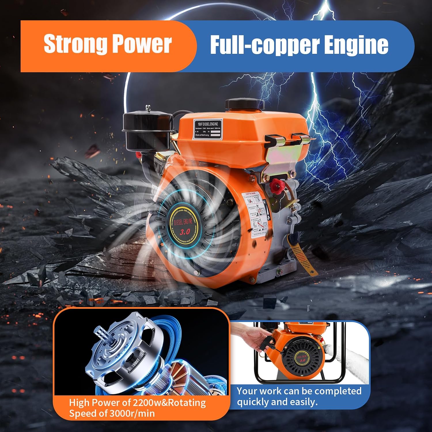 196CC 4 Stroke Diesel Engine, 168F 2200W Single Cylinder Air Cooled Diesel Engine, Small Diesel Engine Manual Start Single-Valve Fuel Injection for Water Pumps Cultivators Tiller