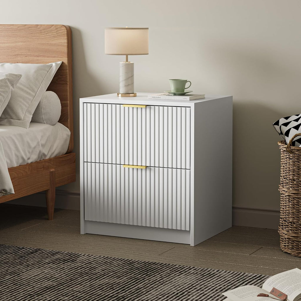 MAISONARIA Fluted Nightstands Set of 2 with 2 Drawers, 19.6' Modern Storage Bedside Table with Golden Metal Handles, Wooden End Table for Bedroom, White