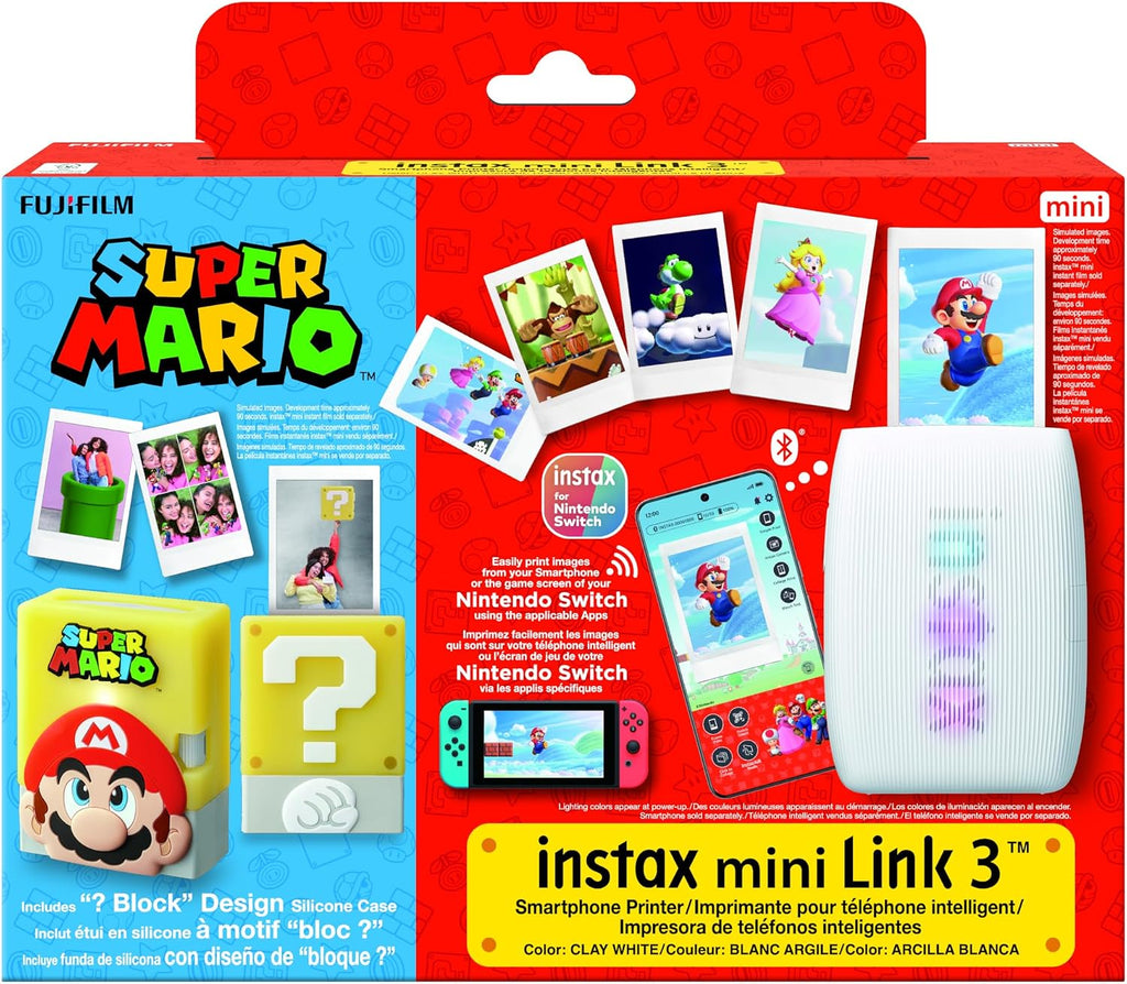 INSTAX mini Link 3 instant photo printer limited edition, with a Super Mario Block design silicone case, unique and fully customisable app (mini film sold separately)