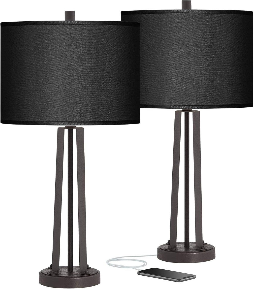 Possini Euro Design Susan Modern Industrial Table Lamps 25.5' High Set of 2 with USB Charging Port Dark Bronze Metal Black Faux Silk Drum Shade for Living Room Bedroom House Bedside Nightstand