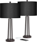 Possini Euro Design Susan Modern Industrial Table Lamps 25.5' High Set of 2 with USB Charging Port Dark Bronze Metal Black Faux Silk Drum Shade for Living Room Bedroom House Bedside Nightstand