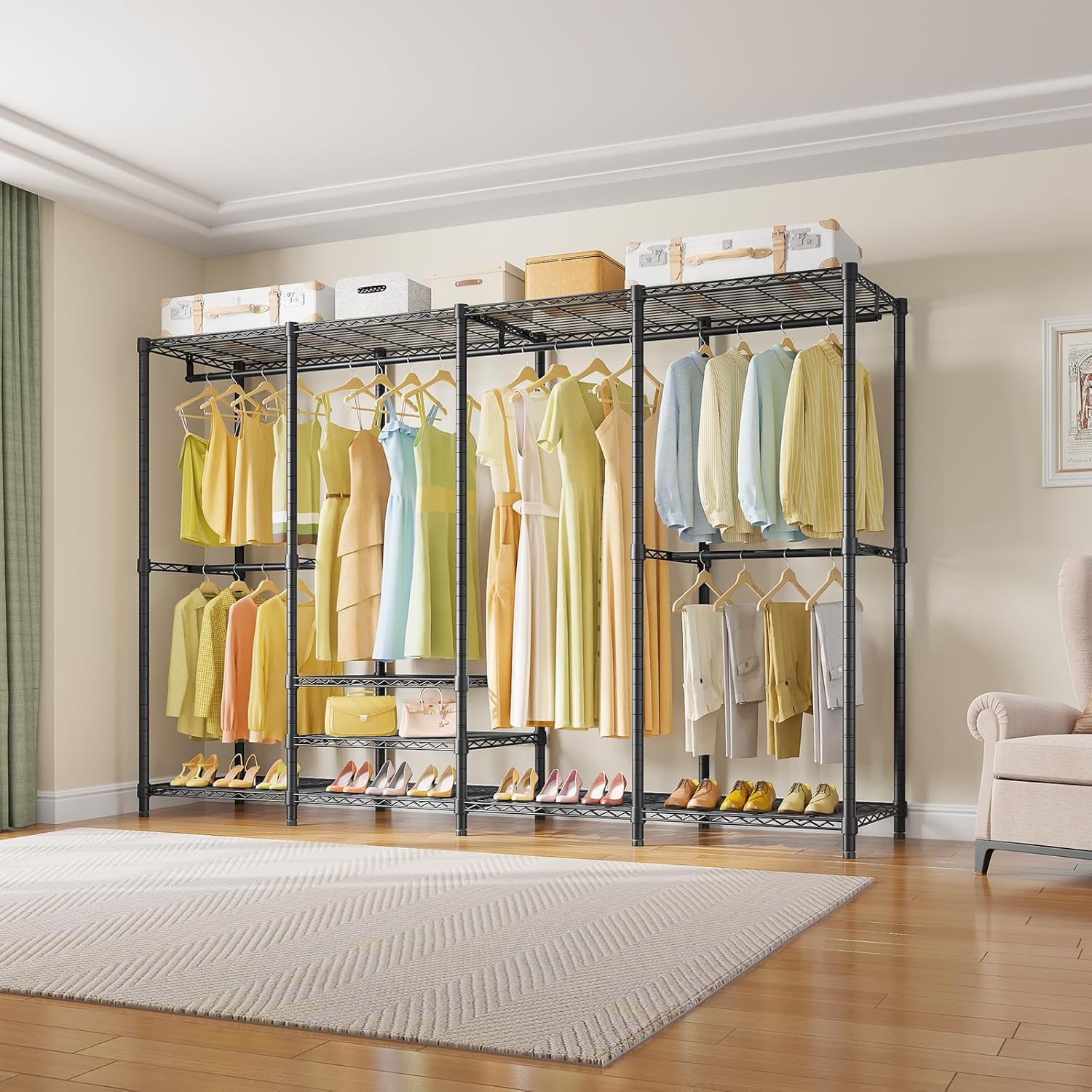 VIPEK V40 Plus Large Clothes Rack, 1300lbs Capacity Sturdy Metal Garment Rack, Clothing Rack with 6 Shelves & 4 Hang Rods, Adjustable Open Wardrobe Closet Organizer for Bedroom/Apartment/Retail, Black