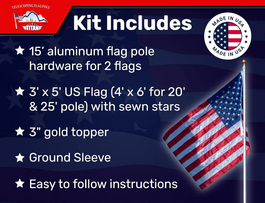 Titan Telescoping Flag Poles, 15ft Silver - Made in The USA Heavy Duty Flag Pole Kit with Anodized Aluminum Telescoping Flag Pole, 3 x 5 American Flag, Hardware for 2 Flags, Assembly Instructions