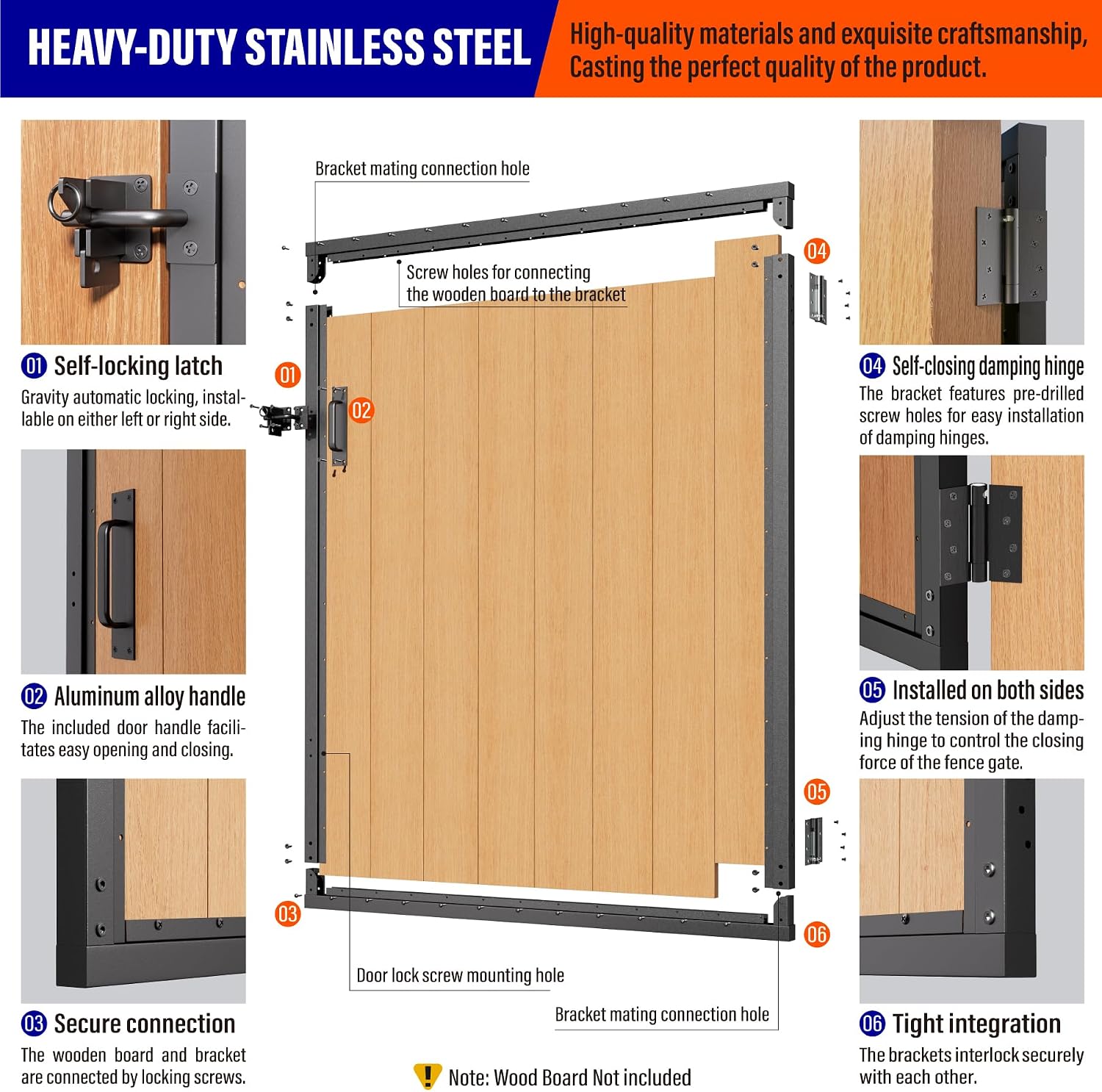 4x5FT (46.78'W X 59'H) 201 Stainless Steel Anti Sag Wooden Fence Gate Kit Heavy Duty Garden Gate Frame Hardware Kit Reinforcement (Left/Right Free-Installation)