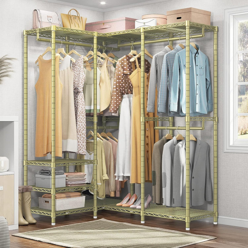 VIPEK L40 Corner Clothes Rack, Heavy Duty L-Shaped Freestanding Closet, Metal Clothing Rack, Corner Wardrobe for Hanging Clothes, 53.75' L x 38' W x 76.4' H, Load Capacity 1110 LBS, Gold