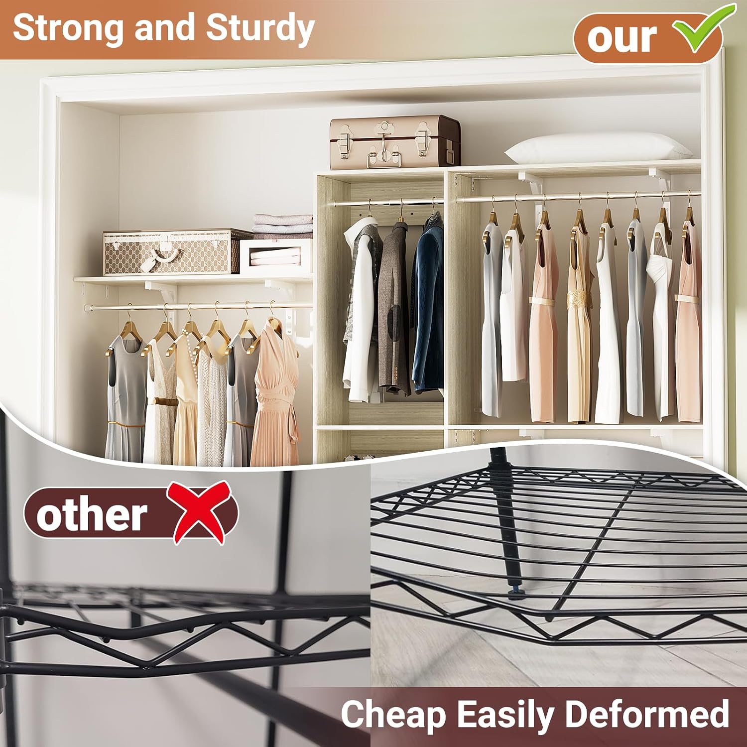 8FT Hanging Closet System, 96 Inch Closet Organizer System with Hanging Rod, Walk In Mounted Closet System, Built-In Clothes Garment Rack with 3 Shelving Towers(Can Be Cut To Fit), Oak
