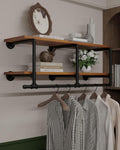 Wall Mounted Clothes Rack 12 Inch Deep, 42 Inch Heavy Duty Garment Rack with Real Walnut Wood Shelf, Multi-Purpose Hanging Rod & Space-Saving Closet Storage Organizer