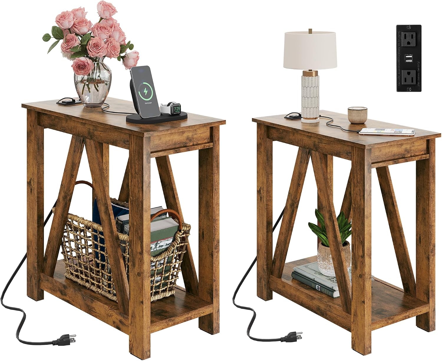 WLIVE End Tables Living Room Set of 2 with Charging Station, Sofa Side Tables with Open Storage Shelf, Slim Farmhouse End Table Sets, Greige