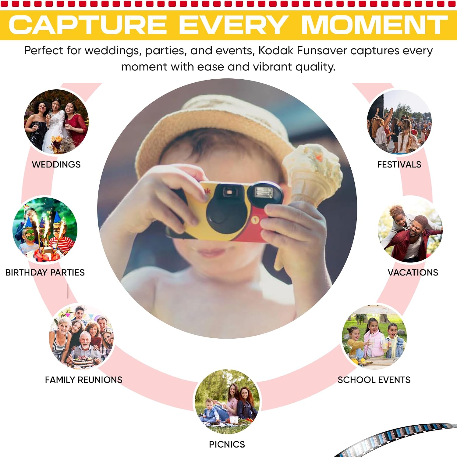 Kodak Funsaver Disposable Camera Bulk one time Single use 7-Pack 27exp 35mm Camera Bundled with Balveli Premium Microfiber Cloths - Bulk Kodak Disposable Film Camera 35mm