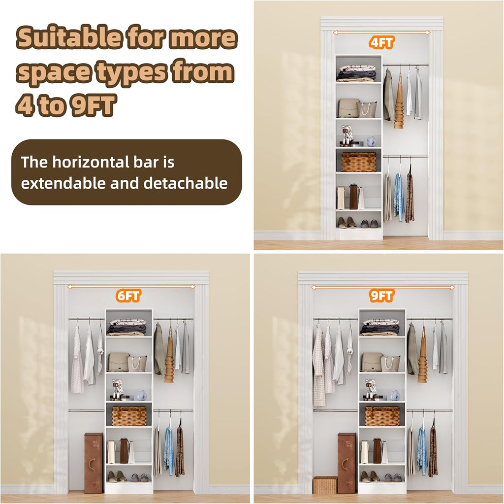 Closet System, 3Ft-5Ft Closet Organizer System With Adjustable Shelves, Walk-In Closet Storage System With 5 Expandable Hanging Rods, Adjustable Cloth Garment Rack from 3 to 5FT, White