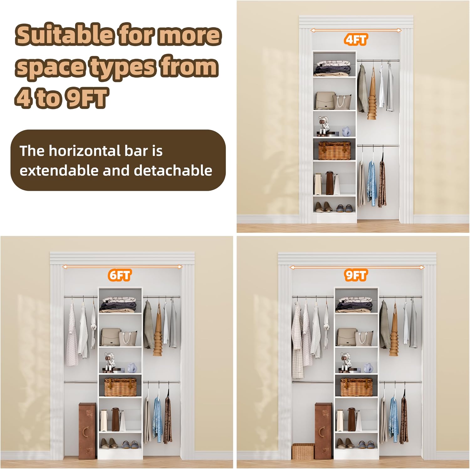 Closet System, 3Ft-5Ft Closet Organizer System With Adjustable Shelves, Walk-In Closet Storage System With 5 Expandable Hanging Rods, Adjustable Cloth Garment Rack from 3 to 5FT, White