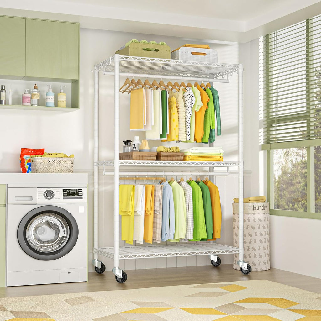 FUTASSI P3 Plus & P6 Mini Rolling Clothes Rack White Bundle, Clothing Racks for Hanging Clothes, Freestanding Garment Rack with Wheels