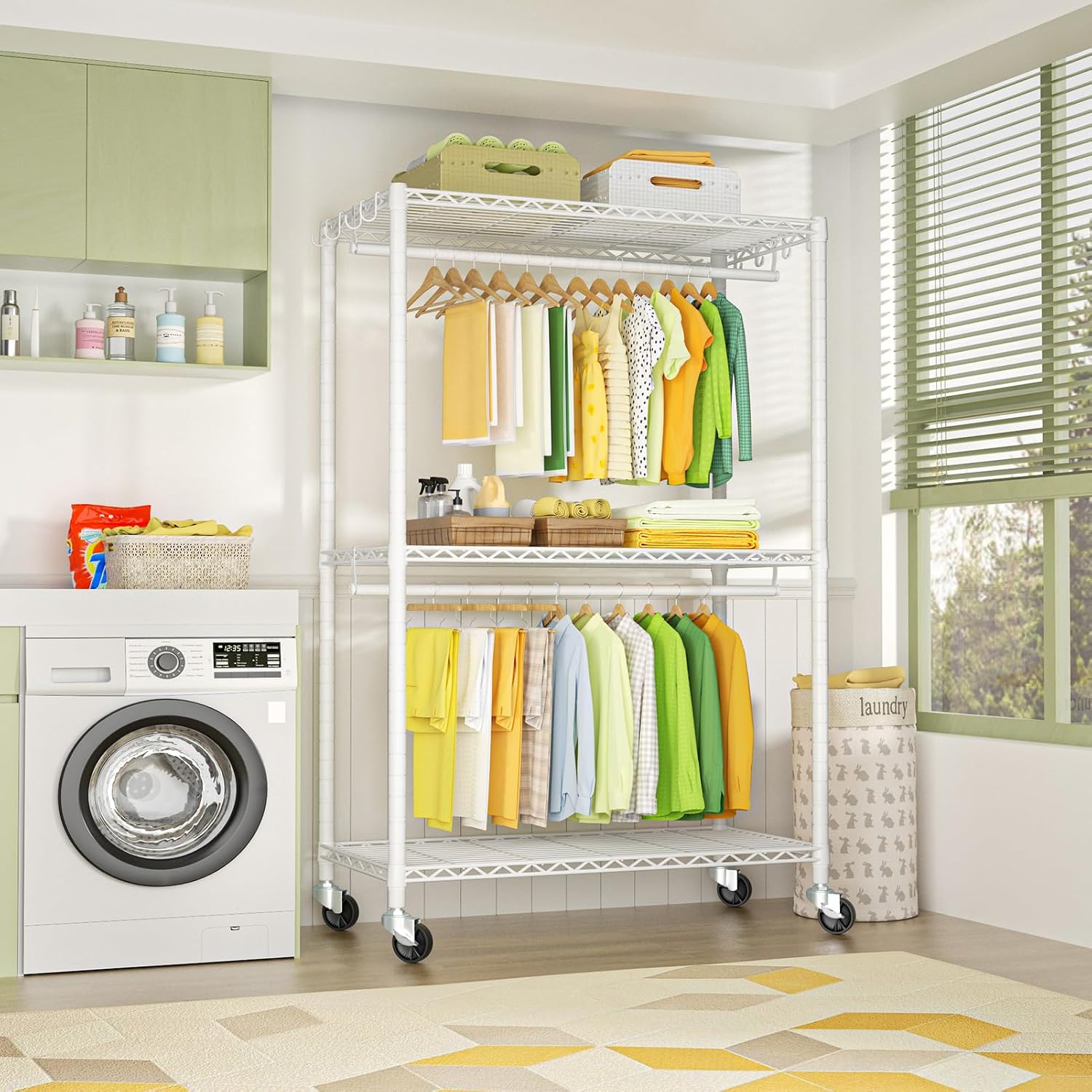 FUTASSI P3 Plus & P6 Mini Rolling Clothes Rack White Bundle, Clothing Racks for Hanging Clothes, Freestanding Garment Rack with Wheels