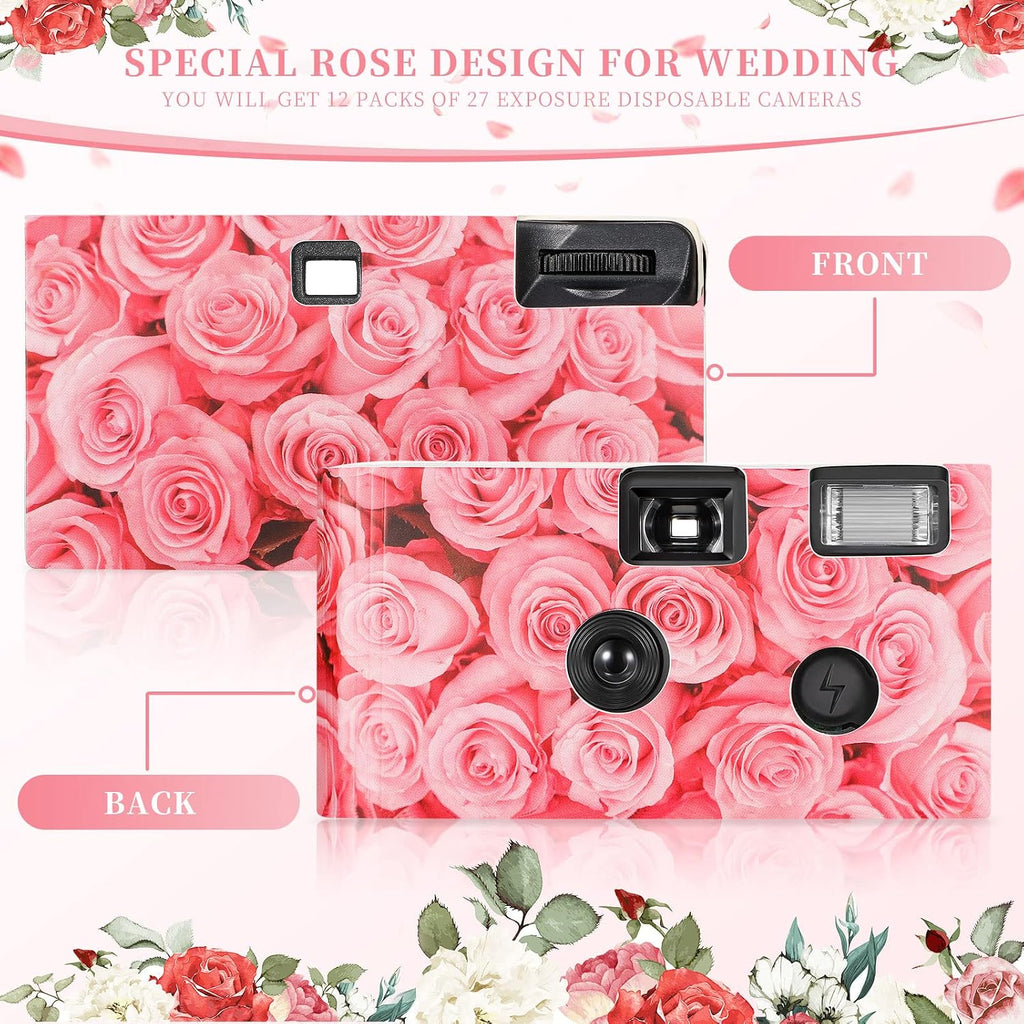 12 Pack Disposable Cameras Bulk for Wedding 35 mm Single Use Film Cameras with Flash for Wedding Reception Guests, Baby Shower, Bridal Shower, Anniversary(Pink Rose)