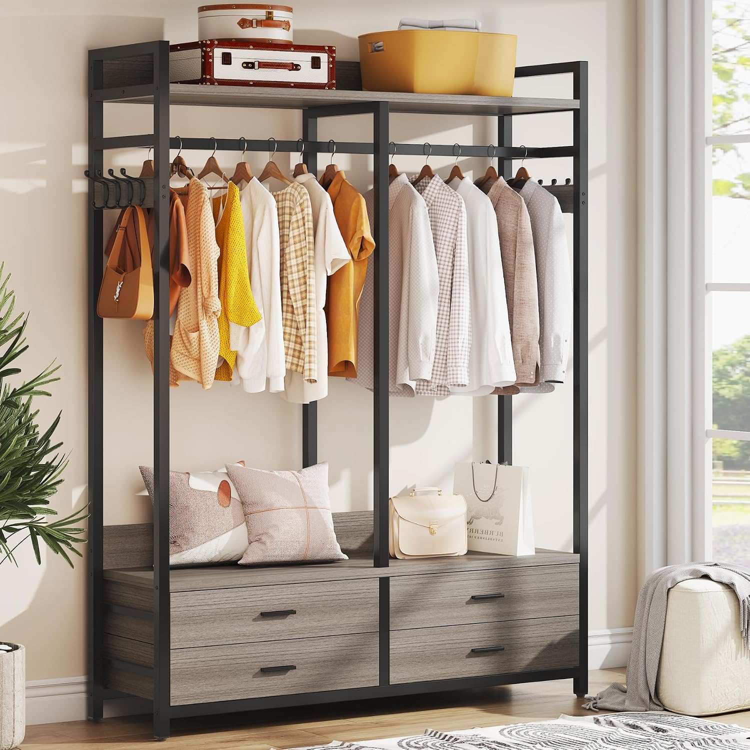 Tribesigns Freestanding Closet Organizer for Hanging Clothes, Heavy Duty Garment Rack with 4 Drawers, 8 Hooks and Storage Shelves, Wardrobe Closet Clothing Rack for Bedroom, Living Room, Grey