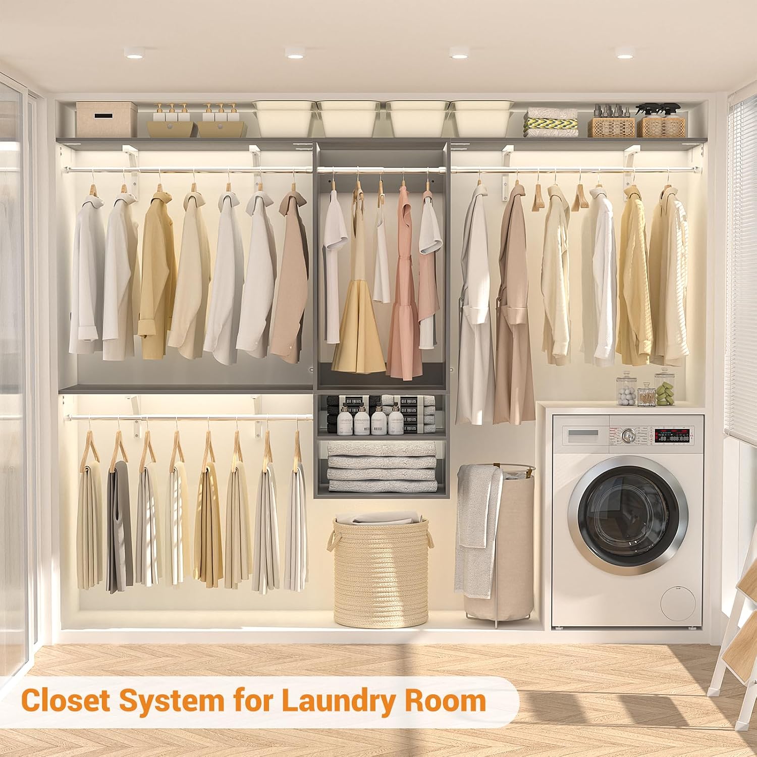 8FT Hanging Closet System, 96 Inch Closet Organizer System with Hanging Rod, Walk In Mounted Closet System, Built-In Clothes Garment Rack with 3 Shelving Towers(Can Be Cut To Fit), Grey