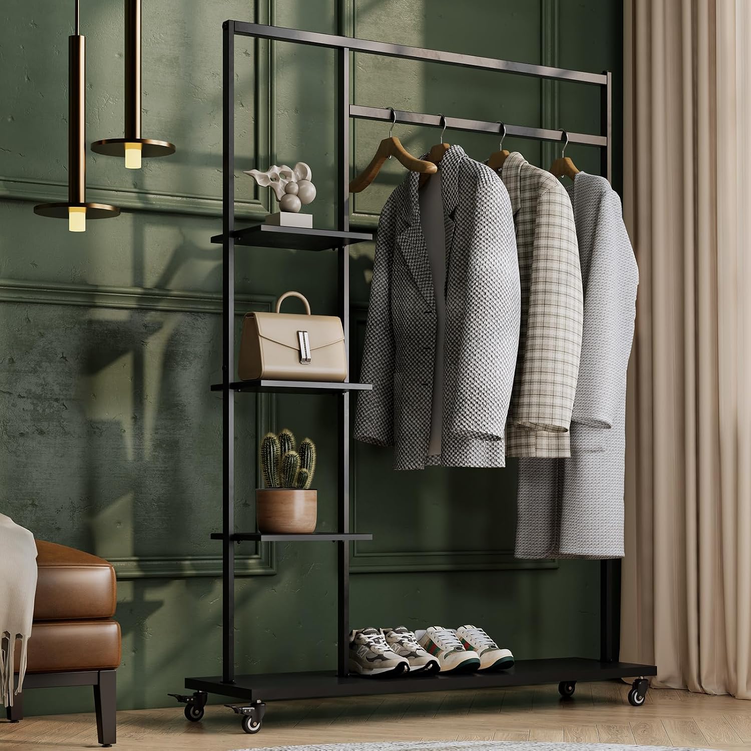 Rolling Garment Rack with Shelves on Wheels,Freestanding Metal Clothing Rack with 4 Storage Shelves,Sturdy Clothes Rack for Hanging Clothes, Bedroom,Closet,Entryway,Boutique Display