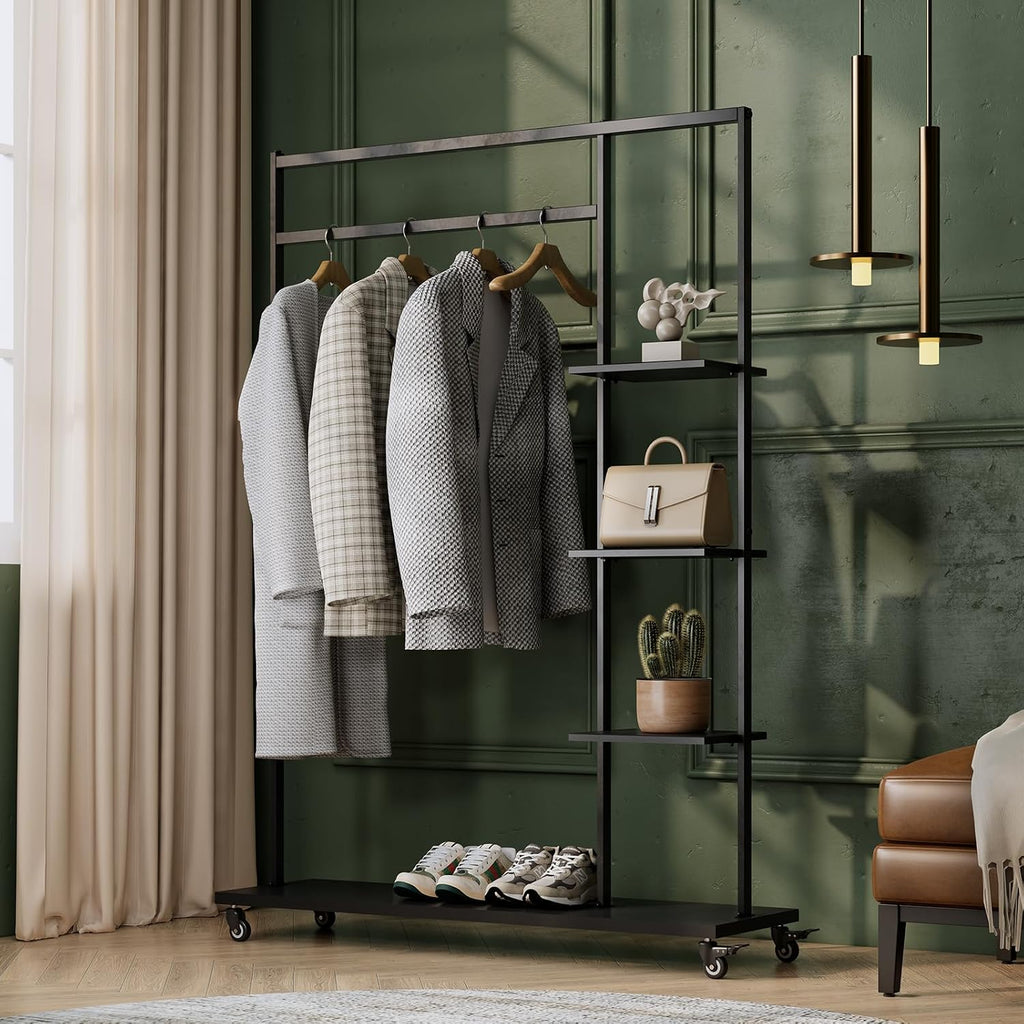 Rolling Garment Rack with Shelves on Wheels,Freestanding Metal Clothing Rack with 4 Storage Shelves,Sturdy Clothes Rack for Hanging Clothes, Bedroom,Closet,Entryway,Boutique Display