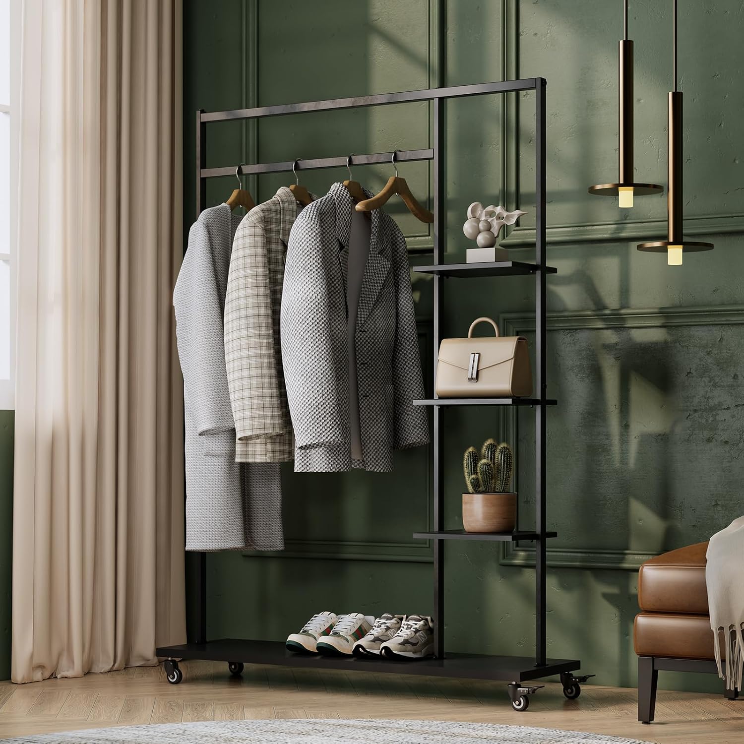 Rolling Garment Rack with Shelves on Wheels,Freestanding Metal Clothing Rack with 4 Storage Shelves,Sturdy Clothes Rack for Hanging Clothes, Bedroom,Closet,Entryway,Boutique Display